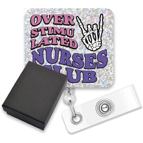 AGMDESIGN Over Stimulated Nurses Club Retractable Nurse Badge Reel, Funny Skeleton Hands Retractable Nurse ID Badge Reel for Nurses, Nursing Students, Nursing Life RN LPN Rock Lovers