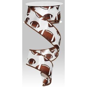 Craig Bachman 1.5" Football Ribbon: Brown & White (10 Yards) - Homecoming Football Theme Sports Gift Wrapping Floral Arrangment Fabric Craft Wired Edge Ribbon