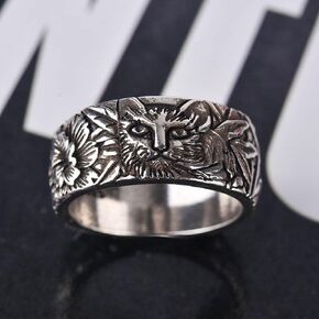 Stainless Steel Vintage Cat Ring Embossed Ring Cat Ring for Men 316L Stainless Steel Punk Ring 925 Sterling Silver Wedding Band Ring for Men Vintage Floral Vine Silver Tone Ring(Size 10