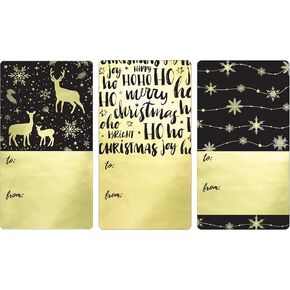Black and Gold Christmas Gift Tags, Self-Adhesive Gift Wrap Tags, Reindeer Gift Tag Stickers, Snowflake Gift Tags - 75 Count