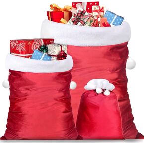 QZUnique Christmas Velvet Santa Gift Sack - 3 Pcs Christmas Gift Wrapping Bags with Drawstring 3 Size Large Santa Claus Present Bag for Party Holiday Birthday (Red)