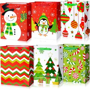 12 Large Christmas Gift Bags with Handles 10 X 13 X 5'', Red and Green Bulk Large Christmas Holiday Bags for Gifts, 6 Styles Xmas Kraft Paper Gift Goodie Bags for Wrapping Christmas Holiday Presents