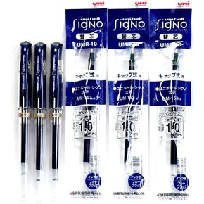 Uni-Ball Signo Broad Point Gel Impact Pen Blue Black Ink (UM153.64), 3 pens + Refill (UMR10.64)×3 Packs/total 3 Refills Set (Japan Import) [Komainu-Dou Original Package]