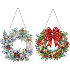 DIY Hanging Diamond Garland Pendant Special Shaped Crystal Diamond Art Painting Ornament Single Sided Diamond Christmas Wreath for Window Home Garden Wall Door Decor-Wreath09