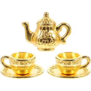 Gadpiparty Miniature Iron Tea Cup Set Vintage Dollhouse Teapot for Little Girls Dollhouse Coffee Shop Mini House Kitchen Accessories Tiny House Decorations Photography Props Golden
