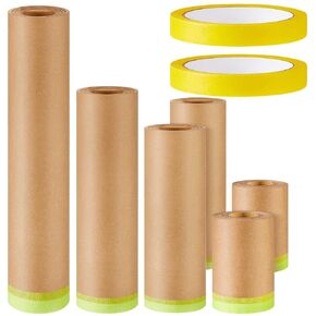 Leinuosen 8 Rolls Masking Tape Sets Includes 6 Assorted Sizes Paint Masking Paper and 2 Vehicles Auto Body Paint Tape Yellow Adhesive Painter Automotive for Car, Furniture, Floor