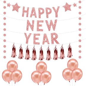 KatchOn, Glitter Happy New Year Banner - Pack of 4, No DIY | Happy New Year Garland with Paper Fans, Gold Star and Moon Banner for Happy New Year Decorations 2025 | New Years Eve Party Supplies 2025
