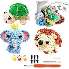 Amigurumi Crocheting Animals Kits, Crochet Kit for Beginners with Step-by-Step Video Tutorials-Hedgehog,Elephant, Turtle, Knitting Starter Pack for All Ages Birthday Gift Idea