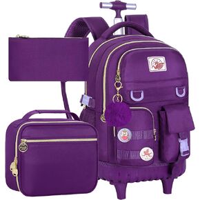 3PCS Rolling Backpack for Girls, 21 inch Water Resistant Roller Backpacks with Wheels, Wheeled Bookbag for Elementary Teens Women - Black in Kuwait
