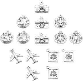 15pcs Adventure Charms Collection Traveler Charms Pendant Earth/Camera/Airplane/Passport/Compass Charms for Jewelry Making DIY Findings