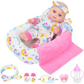 12 Inch Baby Doll With Soft Crib Bassinet Bed,Sleep Time Theme Baby Dolls Set For Girls With Doll Accessories And Clothes Include Bottle Nipple Blanket Eye Mask Slippers Toy Gift For Age 3+ Kids