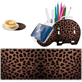Mouse Pad Set, Large Mouse Pad (31.5 "x11.8")+ Elephant Pen Holder + Coaster Combination, Non-Slip Base, Gamer Table Pad, Suitable for Office and Home - Leopard Print