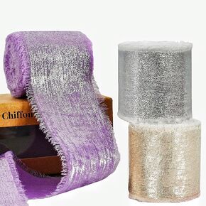 3 Roll 1.5In Wide 15Yd Chiffon Ribbon Shimmery Gold Silk Ribbon Frayed Edges Ribbon for Christmas Wedding Decor, Bridal Bouquet, Gift Wrapping, DIY Crafts-Silver Gold, White and Purple