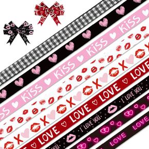 9 Pieces Valentine's Day Decor Ribbons 3/8" Valentines Grosgrain Kiss Pink Strips Ribbon 3 Yards, Red Heart I Love You Words Craft Ribbon for Valentines Day Party Holiday Gift Packaging DIY Supplies