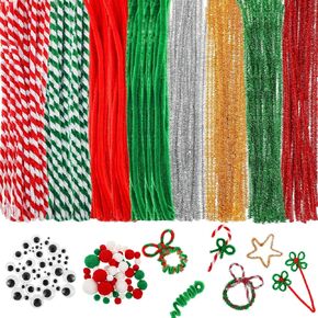 300 Pcs Christmas Pipe Cleaners Craft Set Including Glitter Chenille Stems Poms Self Adhesive Wiggle Googly Eyes Creative Arts Chenille Stems for Christmas Decoration DIY Art Craft (Assorted)