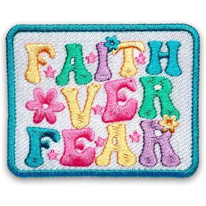 Faith Over Fear Patch 3 Inches Iron On/Sew On Embroidered Applique Patch for Clothes Backpacks Hats, Funny Christian Religious, Cute Flower DIY Accessories Gifts for Mom Dad Friends Coworkers
