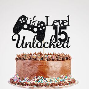 Glitter Level 15 Unlocked Cake Topper - Happy 15th Birthday Cake Toppers, Sweet 15 Level Up Cake Pick, Gamers Birthday Party Decorations for Cake Black