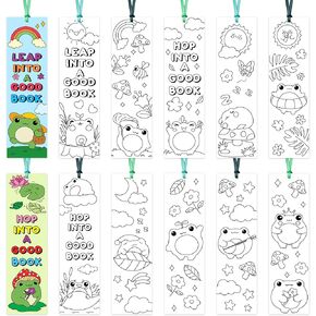 ANGOLIO 123Pcs Cute Frog Color Your Own Bookmarks for Kids Spring Frog Theme DIY Coloring Blank Bookmark Classroom Art Craft Supplies for Back to School Students Gift Party Reward Goodie Fillers