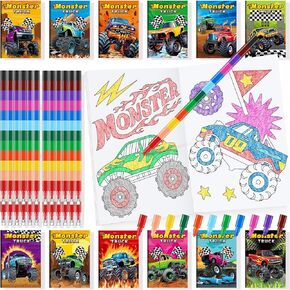 BenLouis 24 Monster Truck Mini Coloring Books Kids with 24 Stacking Crayons Monster Car Party Favors Activity Books Bulk for Kids Monster Truck Birthday Goodie Bag Gift Stuffer Classroom Travel