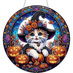 DIY Halloween Diamond Art Painting Wreath Kits，Special Shaped Rhinestone Hanging Ornament Diamond Art Window Pendants for Gift Home Garden Wall Hanging Kits (Pumpkin and Cat)