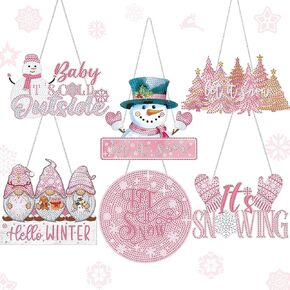 ZhowHoHo 6 Pcs Christmas Winter Diamond Painting Hanging Sign Set 5d Gnome Snowman Diamond Art Set for Adults DIY Art Pendant Ornaments Kits Acrylic Tree Mason Jar Truck for Winter Door Window Decor