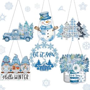 ZhowHoHo 6 Pcs Christmas Winter Diamond Painting Hanging Sign Set 5d Gnome Snowman Diamond Art Set for Adults DIY Art Pendant Ornaments Kits Acrylic Tree Mason Jar Truck for Winter Door Window Decor