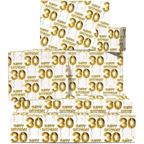 CENTRAL 23 30th Birthday Wrapping Paper - 6 Sheets of Gift Wrap and Tags - Age 30 Thirty - Gold White - Men Wrapping Paper Birthday - For Women - Comes with Stickers - Eco-friendly