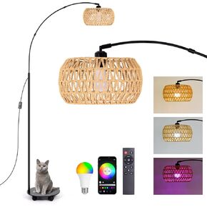 RGB Arc Floor Lamp with 3 Color Temperatures, Dimmable Rattan Boho Standing Lamp, APP and Remote Control, Modern Tall Lamp for Reading, Living Room, Bedroom, Office, Gold