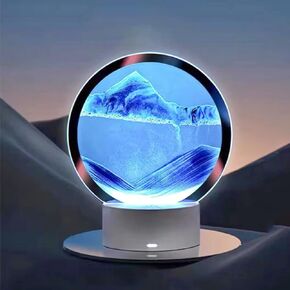 Moving Sand Art Liquid Motion, With Light (7 Color/Touch Control), Round Glass Quicksand Painting, 3D Flow Sand Art Picture - Relaxing Sensory Desktops Decoration for Home & Office (Blue Sand)