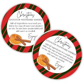 Christmas Stovetop Potpourri Simmer Instruction Tags | 30 Pack | 2.5" inch Circle Tag with Pre-Cut Hole | Potpourri Tags | Christmas Design