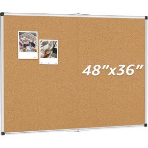MaxGear Large Cork Bulletin Board 48" x 36", Foldable Notice Boards with Silver Aluminium Frame, 4' x 3' Wall-Mounted PinBoard, CorkBoards for Office, School & Home, Includes 20 Pushpins