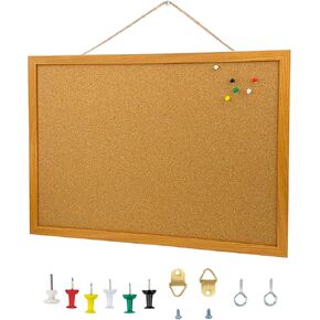 Cork Bulletin Board, 23 X 17 Inches with Oak Wood Finish Frame, Wall Mounted for Office Home and School(Pins, Eye Bolts, gaskets, Screws)
