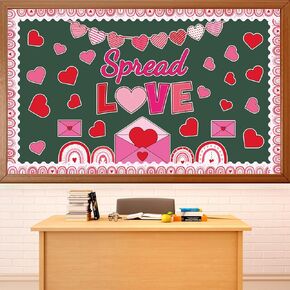 Spread Love Valentine's Day Bulletin Board Decorations Valentines Day Classroom Bulletin Board Border Rainbow Envelopes Red Pink Paper Heart Cutouts Valentines Party Supplies School Office Wall Decor