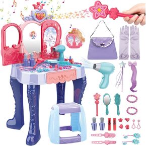 deAO Toddler Vanity Makeup Table Toy with Mirror & Chair,Kids Vanity Playset with Lights,Pretend Play Makeup Toy with Hair Dryer Toy,Toddler Beauty Salon Set,Princess Dress Up Playset