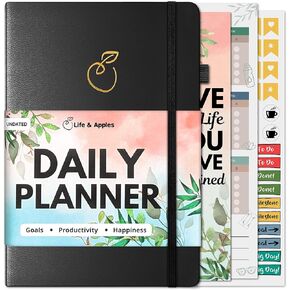 Life & Apples Growth Planner - Daily Planner for Productivity, Time Management and Goals - Undated 13 Weeks Goal Planner with Gratitude and Hourly Agenda (Black)