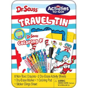 Dr. Seuss | Activities To-Go Travel Tin | Art Set | Includes 8 Crayons, 2 Dry Erase Activities with 1 Dry Erase Marker, 1 Coloring Pad, and 1 Sheet of Repositionable Sticker Clings