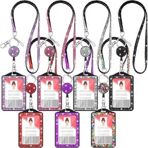 7 Sets Rhinestone Lanyard with Bling ID Badge Holder Women Retractable Crystal Badge Reel Lanyard Card Holder Vertical Neck Card with Metal Clasp for Women Nurse Teacher Office Worker