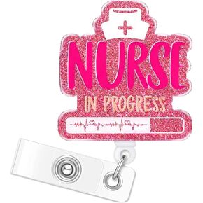 Nurse in Progress Badge Reel - Funny Pink Nursing School Badge Reel Holder Retractable with ID Clip for Nursing Student Future Nurse CNA CMA STNA Medical Assistant Name Tag Card