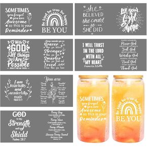 UV DTF Cup Wraps Transfer - 6 Sheets Boho Theme Cup Wraps Sticker for 16 OZ Glass, Self Motivation Quotes, White Flower, Rainbow Design, Waterproof Rub on Transfer, Creative Gifts