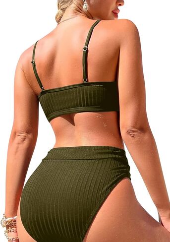 Lilosy Sexy High Waisted Cutout Ribbed V Cut Bikini Set 2 Piece Swimsuit in Kuwait