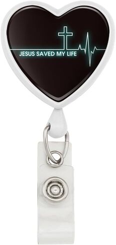 Jesus Saved My Life EKG Heart Rate Pulse Religious Christian Heart Lanyard Retractable Reel Badge ID Card Holder - White in Saudi Arabia