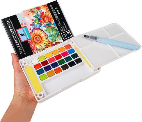 مجموعة ألوان مائية قابلة للإمساك، مجموعة ألوان زاهية للرسم، مجموعة طلاء للسفر، مجموعة رسم بالألوان المائية مع قلم مائي، 24 ورقة ألوان مائية، 3 مقاطع فيديو تعليمية - 24 لونًا in Kuwait