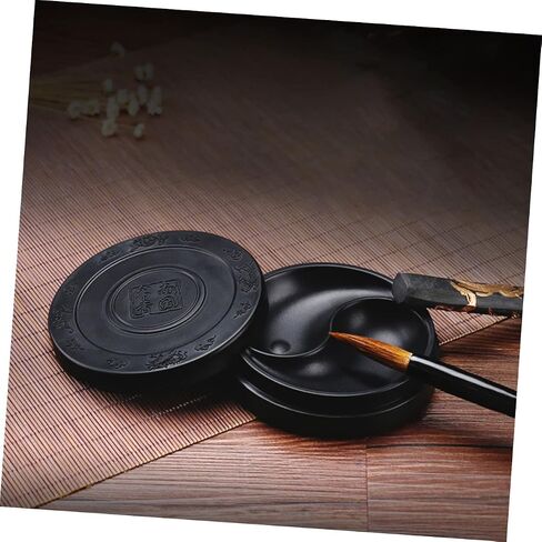 NUOBESTY Inkstone Chinese Ink Calligraphy Ink Stone Calligraphy Ink Dish Ink Wells with Lids Chinese Calligraphy Natural Japanese Ink Drawing Tool Round Student Composite Material in Saudi Arabia