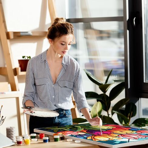 مجموعة طلاء الزهور بالأرقام من QENSPE للبالغين، الطلاء حسب الرقم على القماش للمبتدئين، مجموعات الطلاء الزيتي DIY المناسبة لتزيين الجدران المنزلية مقاس 16 × 20 بوصة in Kuwait