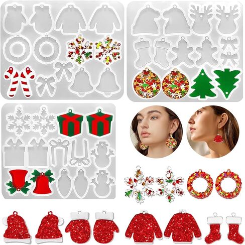 Silicone Molds,3 Pack Christmas Dangle Earrings Silicone Mold, Pendant Mold, Shiny Jewelry Resin Mold for Creating Epoxy Resin Christmas Pendants and Jewelry (White-1) in Saudi Arabia