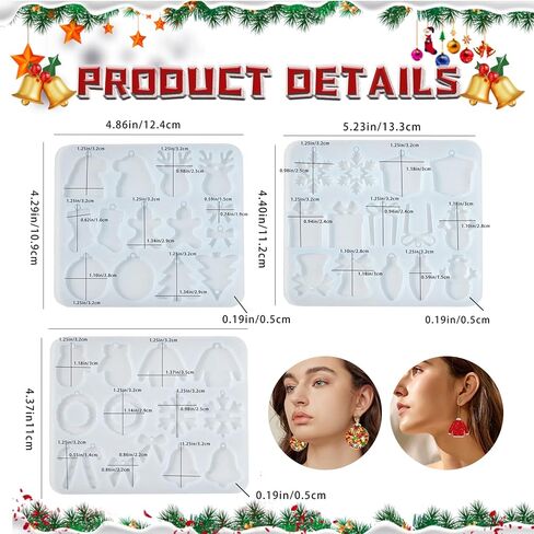 Silicone Molds,3 Pack Christmas Dangle Earrings Silicone Mold, Pendant Mold, Shiny Jewelry Resin Mold for Creating Epoxy Resin Christmas Pendants and Jewelry (White-1) in Saudi Arabia