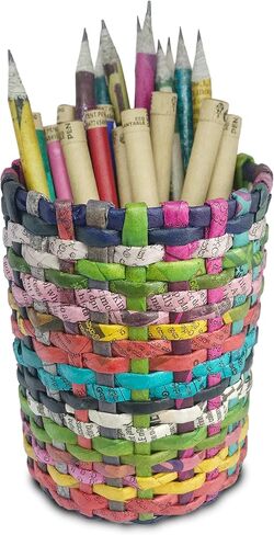 Recycled Newspaper Handmade Pen Holder Round shape Pencils Holder Makeup Brush Holder for Girls Kids Women Durable Stand Desk Organizer Storage Gift for Office, 100% Handmade (Design F) in Saudi Arabia
