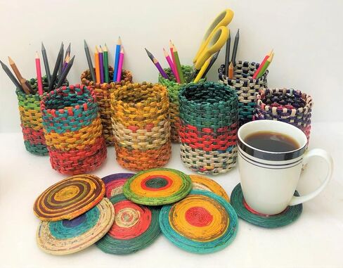 Recycled Newspaper Handmade Pen Holder Round shape Pencils Holder Makeup Brush Holder for Girls Kids Women Durable Stand Desk Organizer Storage Gift for Office, 100% Handmade (Design F) in Saudi Arabia