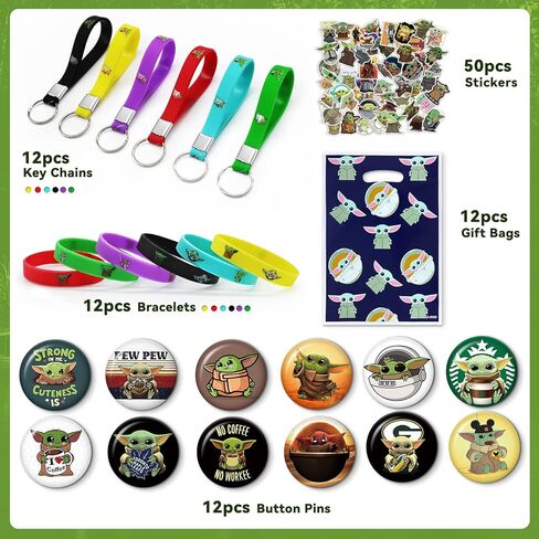 98 قطعة من لوازم حفلات أعياد الميلاد، مجموعة هدايا عيد ميلاد الطفل تتضمن 12 سوارًا و12 دبوس زر و12 سلسلة مفاتيح و12 حقيبة هدايا و50 ملصقًا in Kuwait