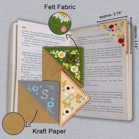 4 قطع إشارة مرجعية زاوية مطرزة يدويًا، إشارة مرجعية لأحرف زهرة لطيفة مخيطة يدويًا، إشارة مرجعية مصنوعة يدويًا على شكل مثلث، إشارات مرجعية مطرزة بأحرف الزاوية لمحبي الكتب in Kuwait